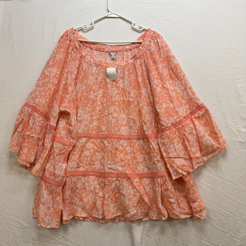 Cato Est. 1946 Womens Plus Size 26/28W Peach Amber Floral Lace Tiered Blouse NWT